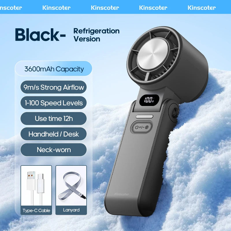 Portable High Speed Cooling Handheld Fan 3600mAh Rechargeable 100 Speed Adjustable Mini Foldable Air Cooling Turbo Fan & Lanyard