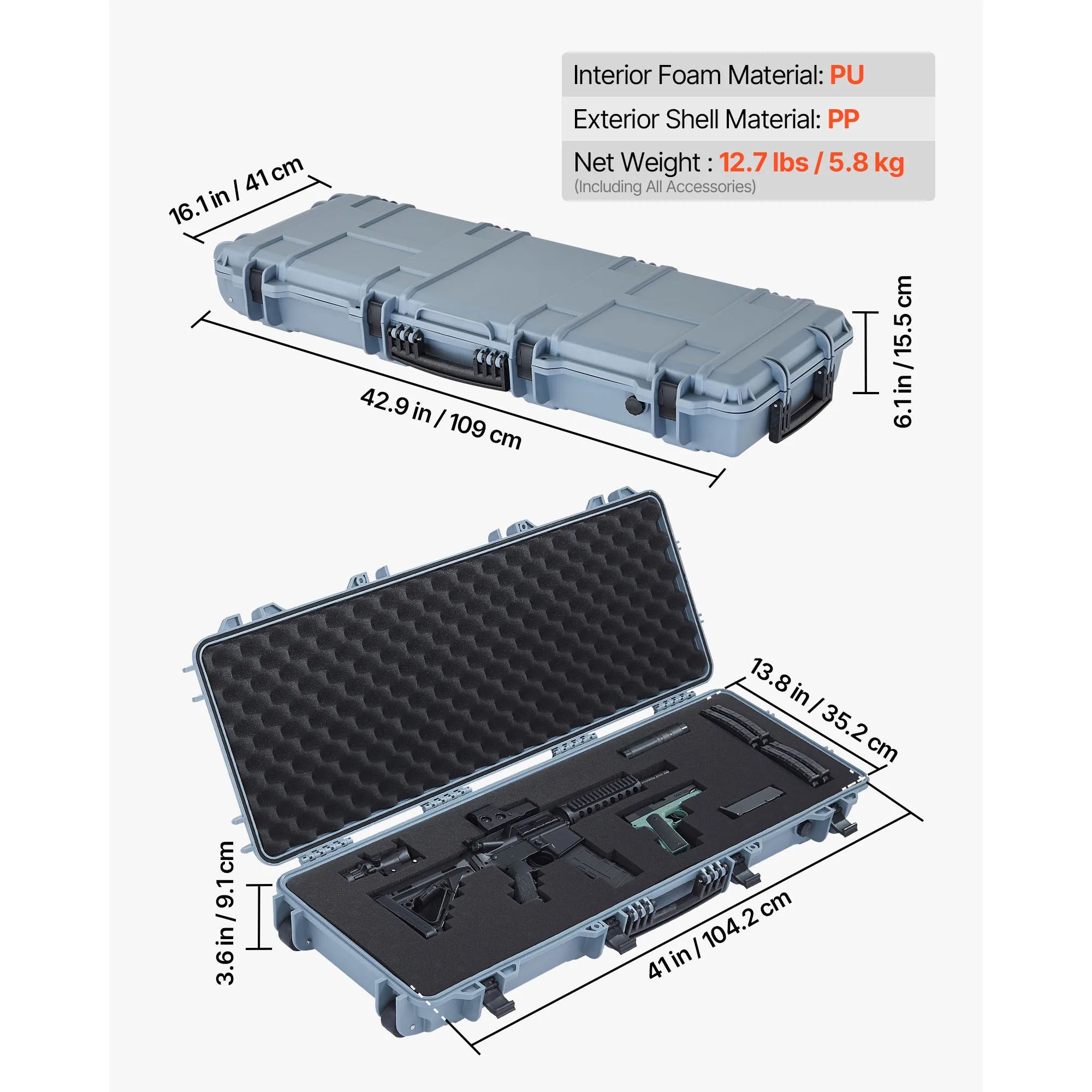 SucceBuy Hard Rifle Case Lockable Rifle Case with Pre-cut Foams Wheels IP67 Waterproof Pistol Storage Cases for Rifles Shotguns