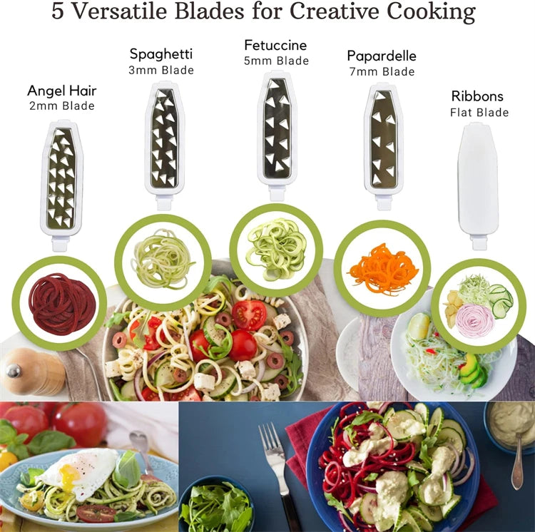 LMETJMA Vegetable Spiralizer Slicer 5 in 1 Rotary Cheese Vegetable Shredder Grater Foldable Veggie Pasta Spaghetti Maker JT319