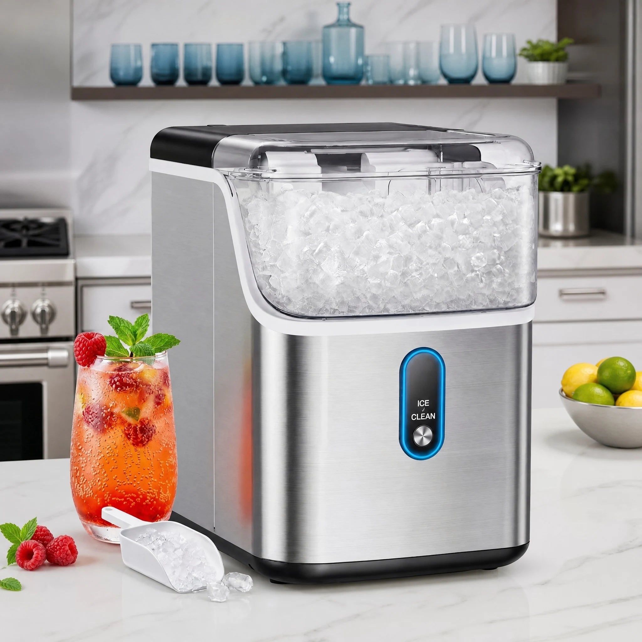 Nugget Ice Maker Countertop, Pebble Ice Maker with Soft Chewable Pellet Ice, 33 lbs per Day, Compact Ice Machine with Self-Cleaning & LED Indicator for Home, Kitchen, Camping, RV, Office