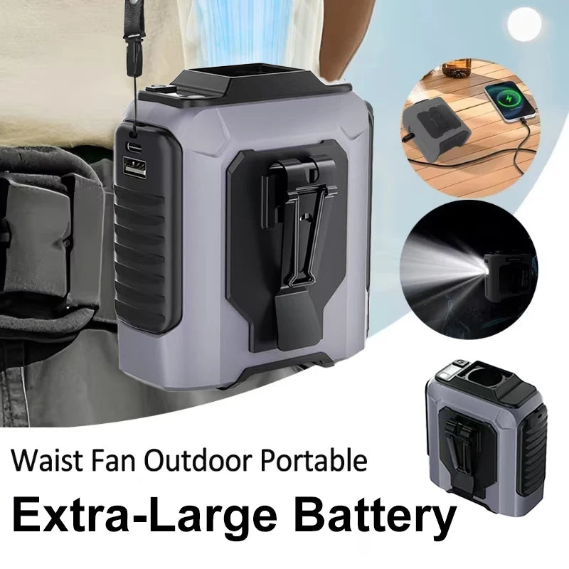 2026 New Portable Waist Fan with Power Bank LED Lighting Hanging Neck Fan 5 Speed Strong Airflow Cooling Fan for Outdoor Working