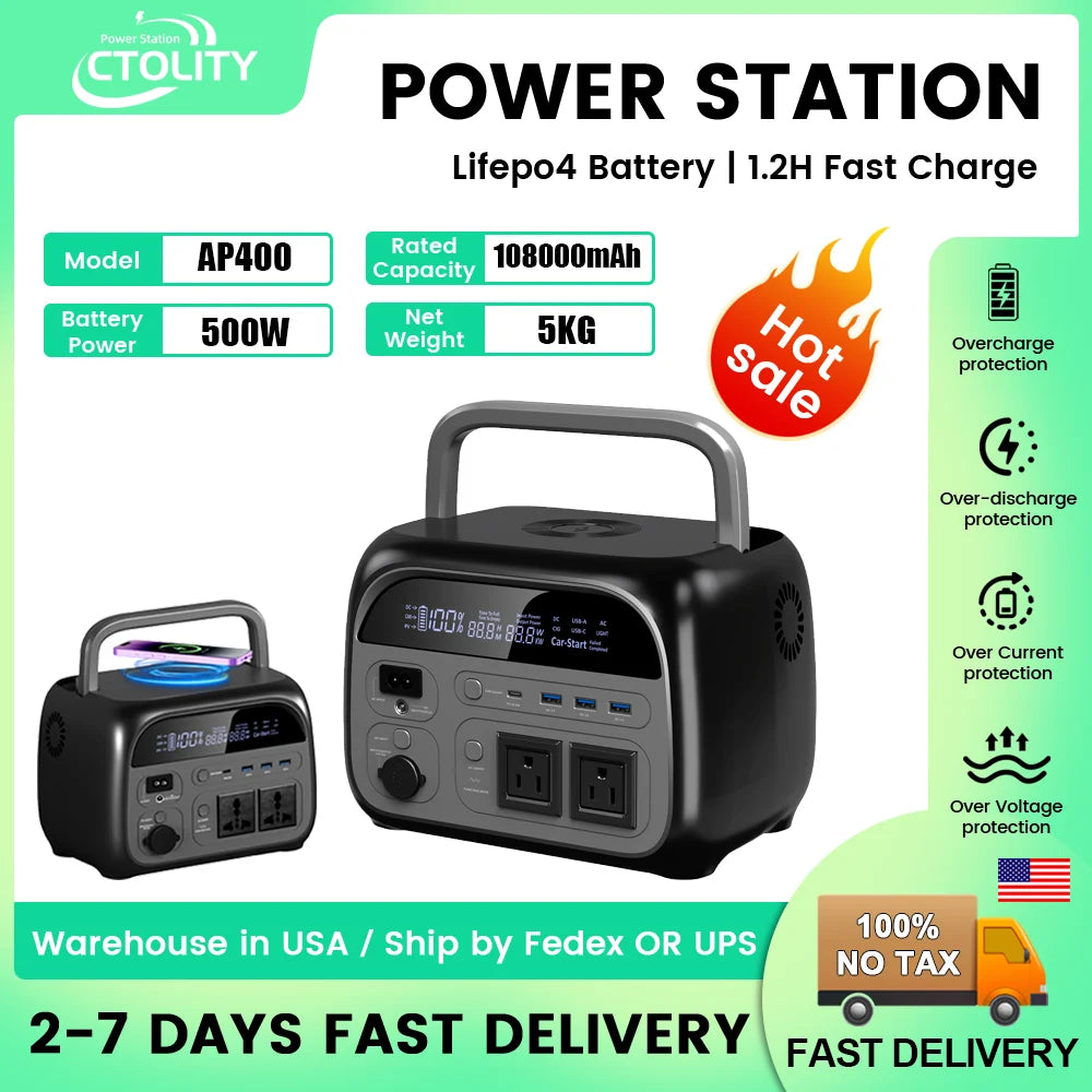 CTOLITY FACTORY AP400 500W 345wh PORTABLE POWER STATION 108000mAh LiFePo4 Battery Energy Storage Supply EMERGENCY POWER SUPPLY