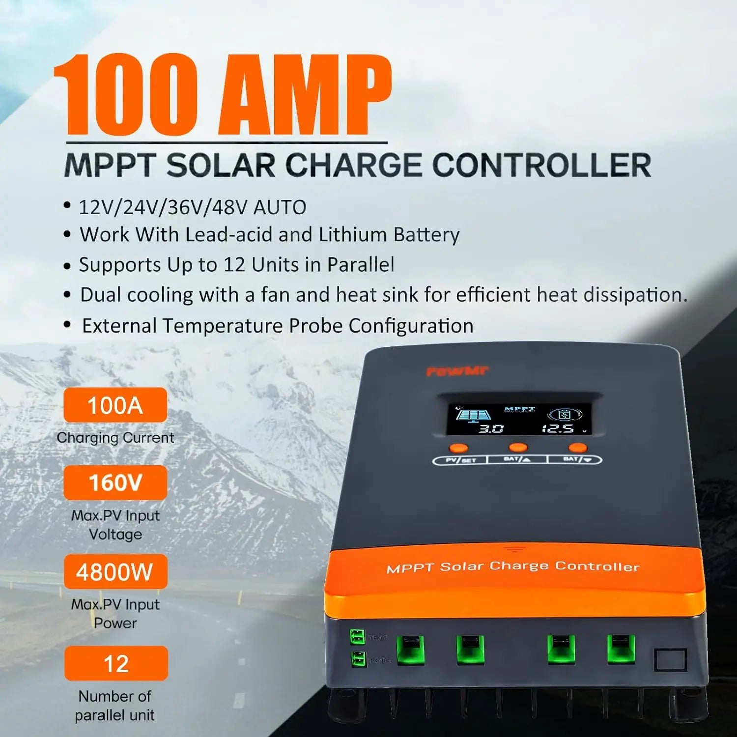 PowMr 60A 80A 100A MPPT Solar Charge Paralllel Controller 12V 24V 36V 48V Max PV 160Vdc Fit Lithium Batteria for Home RV Boat Camp Local Stock