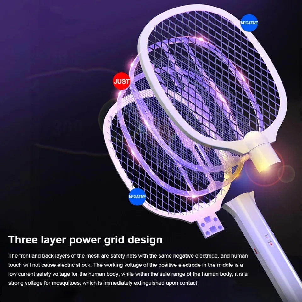 Handheld Electric Fly Swatter Bug Zapper Racket USB Rechargeable Mosquito Killer Lamp 2 in 1 Pest Control 3000V