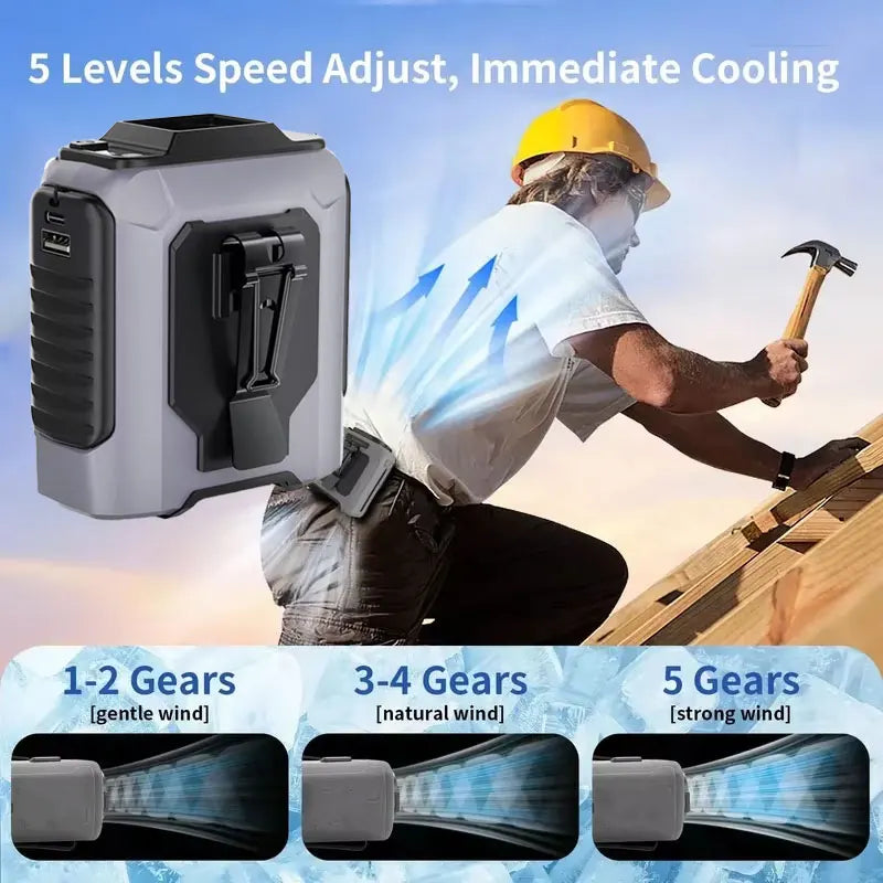 2026 New Portable Waist Fan with Power Bank LED Lighting Hanging Neck Fan 5 Speed Strong Airflow Cooling Fan for Outdoor Working