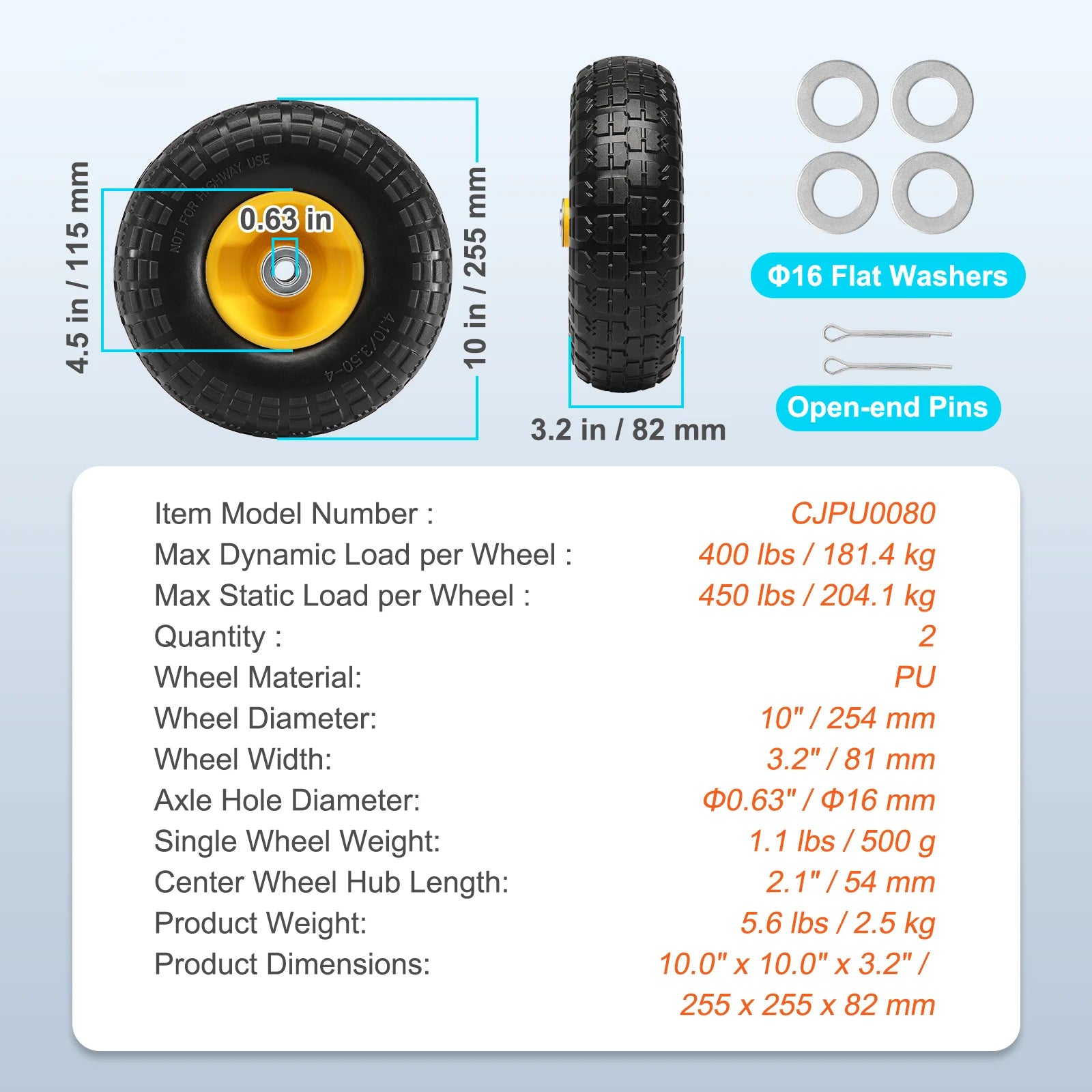 SucceBuy 2-Pack Solid PU Run-Flat Tire Wheel 10" Flat Free Tubeless Tires and Wheels for Dollies Garden Trailers Various Carts