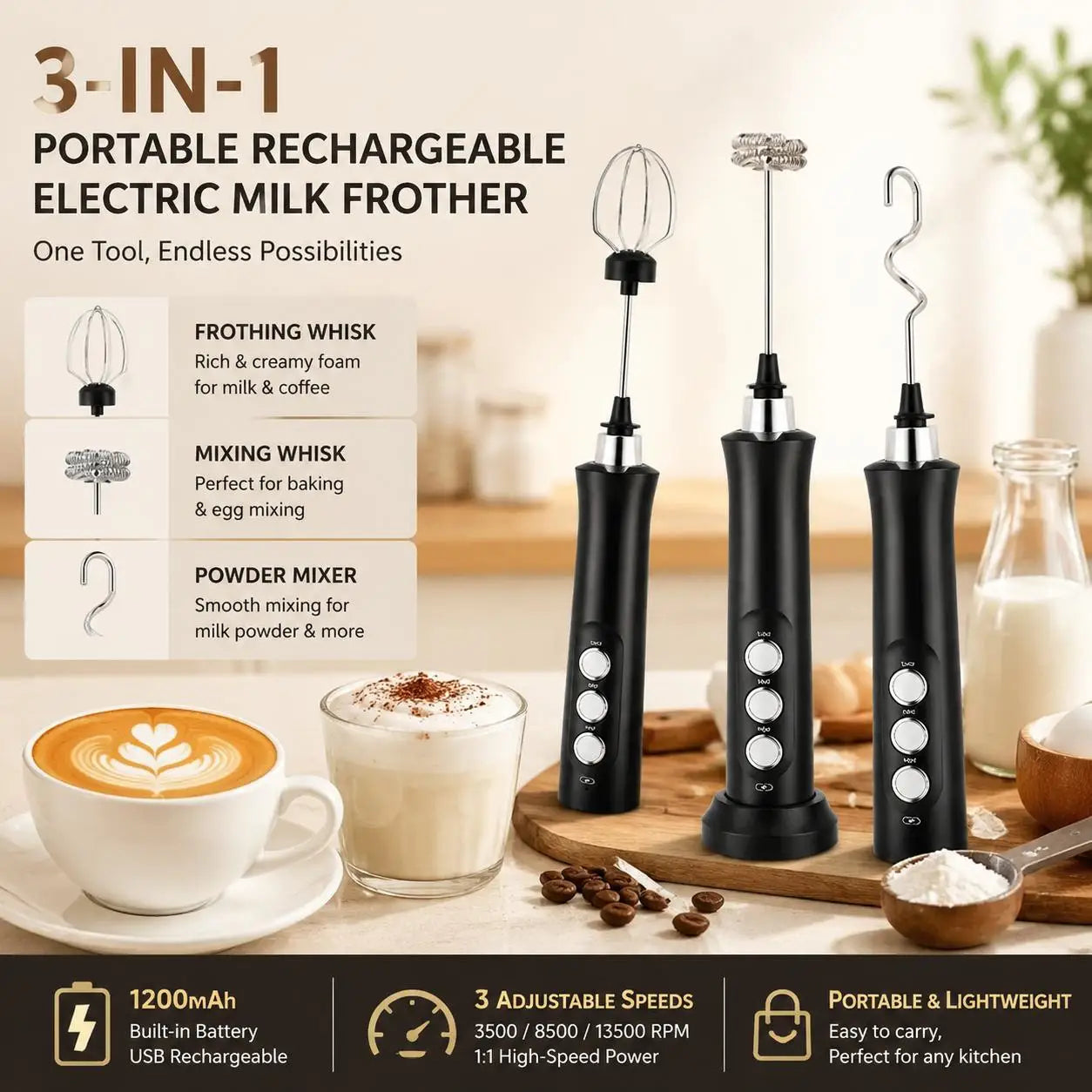 USB Rechargeable Milk Frother Mini Handheld Electric Foam Maker 3 Speed Stainless Steel Whisks for Latte Coffee Cappuccino Hot Chocolate Egg Beater Drink Mixer Blender Kitchen Gadgets Tools Portable Cordless