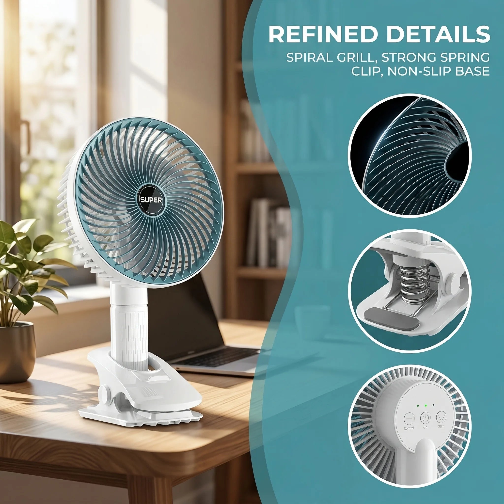 Oscillating Table Fan with Sturdy Clamp and 360-Degree Tilt Head, Rechargeable Small Fan for Desk, Powerful Airflow, Portable Air Circulator Mini Fans