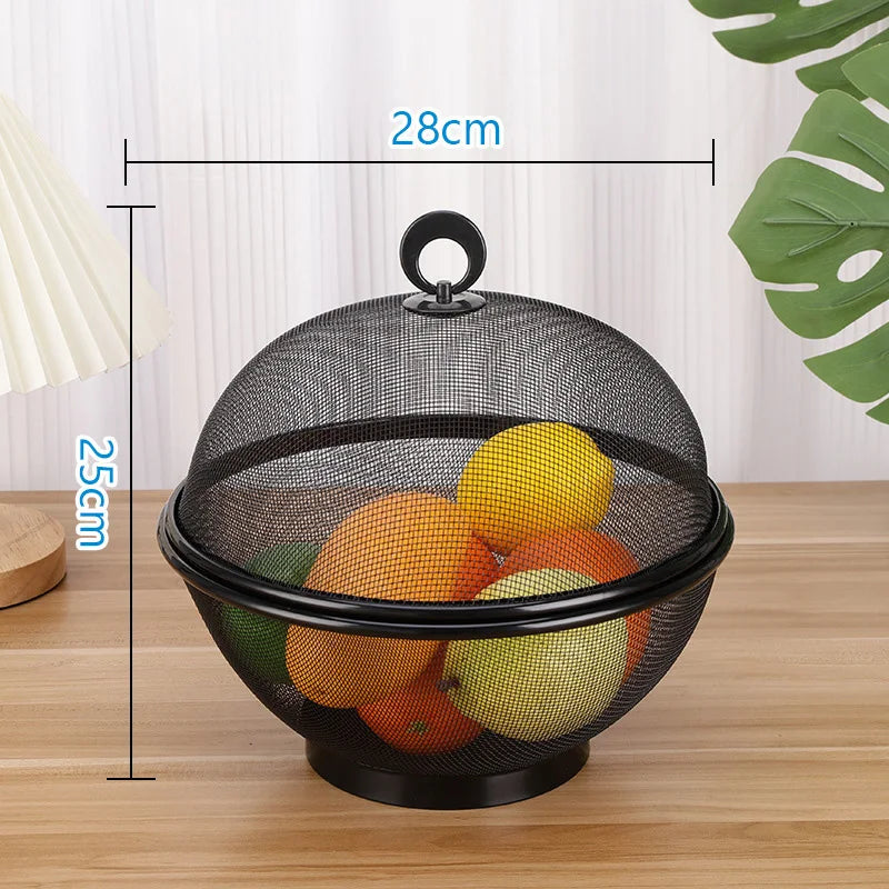 Mesh Metal Fruit Storage Bowl with Dust Cover, Large Capacity Kitchen Vegetable Organizer Basket, Multi-Purpose Household Table