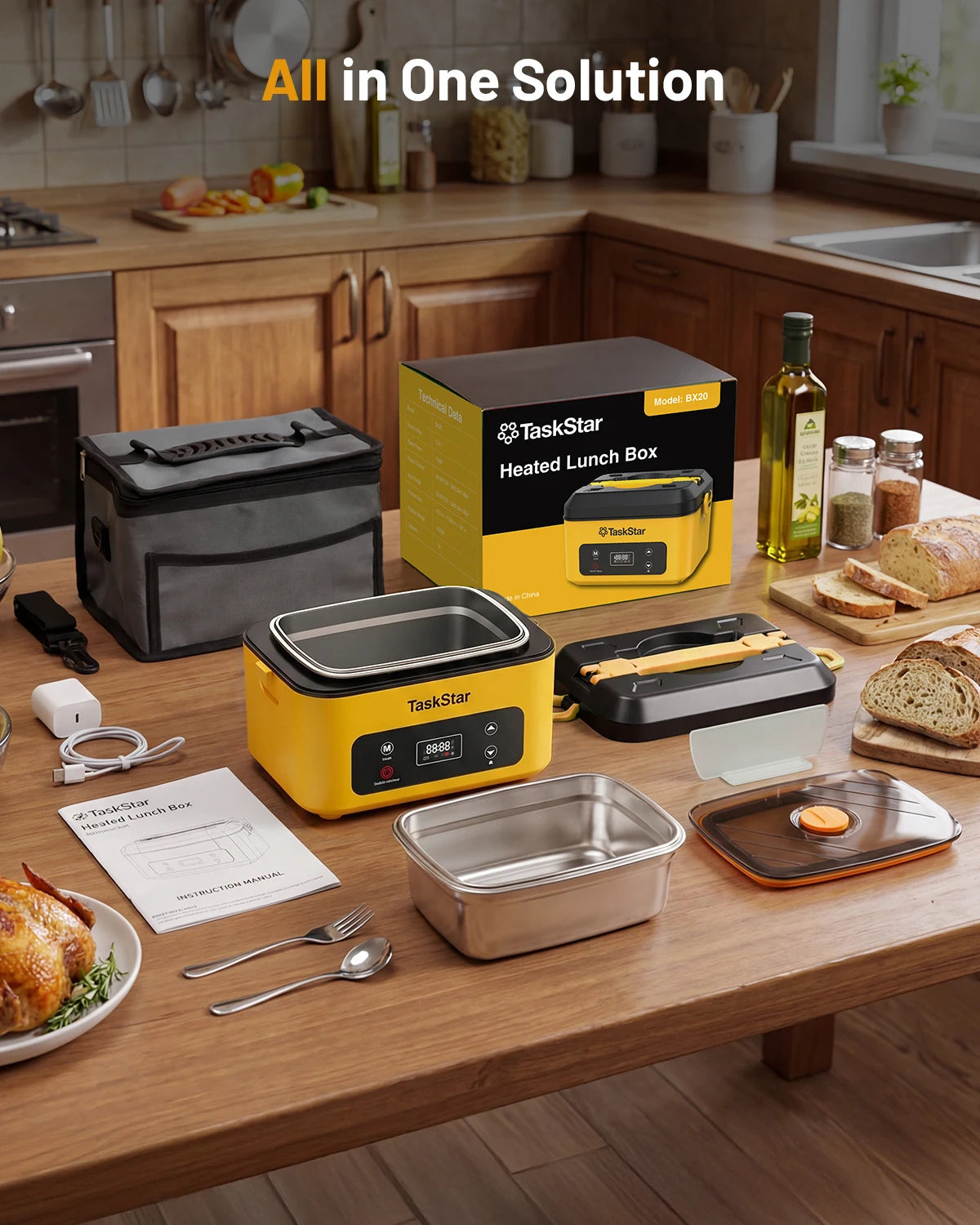 TaskStar Portable Heated Lunch Box 40oz Cordless Leakproof Food Warmer with Stainless Steel Liner & Thermal Insulation for Camping Work School, Usable As Phone Power Bank