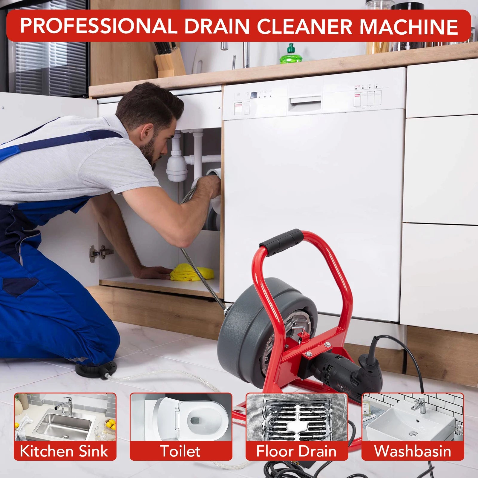 50Ft x 5/16 Inch Drain Cleaner Machine, Drain Auger Professional for 3/4 to 3 Inch Pipes, Foot Switch Drain Auger Cleaner Sewer