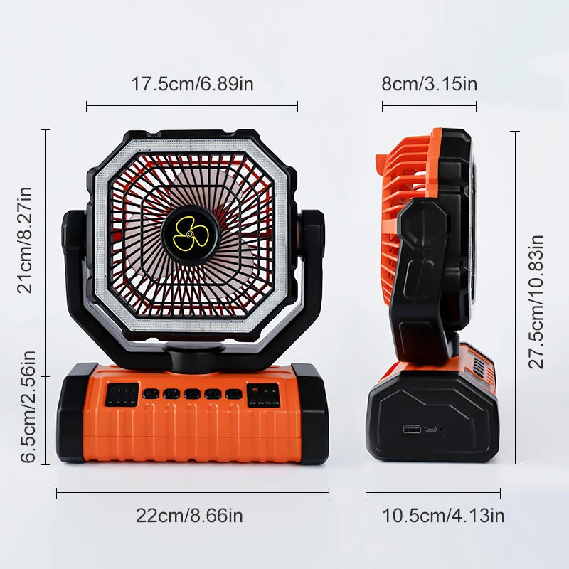 Camping Fan 20000mAh Battery Powered Fan Rechargeable with LED Light Portable Outdoor Tent Fan with Hanging Hook 4 Speeds Wind