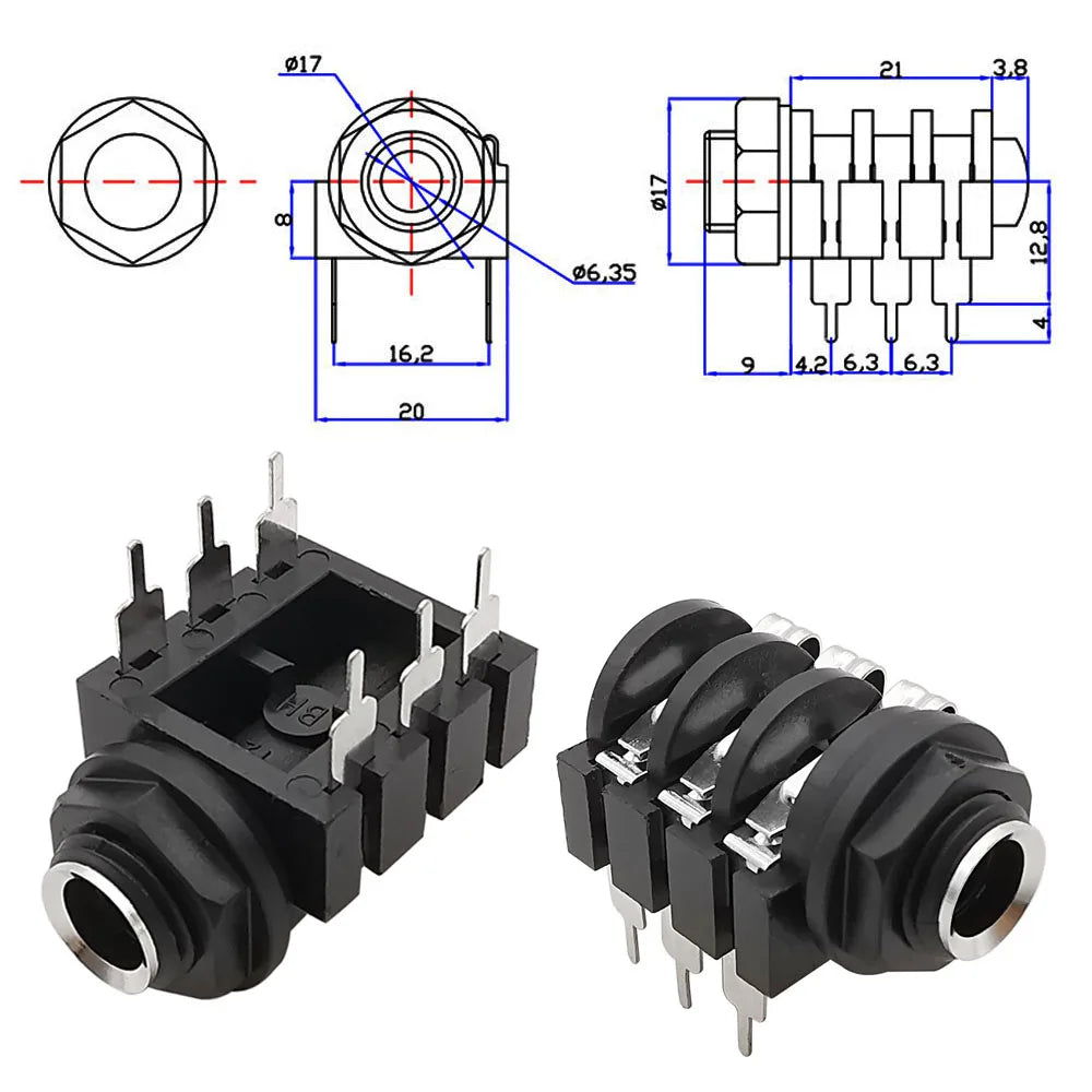 1/2/5/10Pcs 6.35mm Jack 1/4" 6Pin Stereo Female Headphone Socket Audio Plug Microphone Jack Thread PCB Panel Mount Connectors