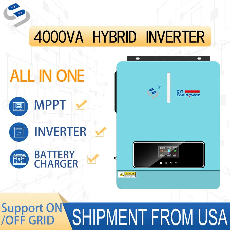 SWIPOWER 4000VA 3600W Hybrid Solar Inverter 120A MPPT Charger 24VDC to 120VAC PV（60~450VDC）