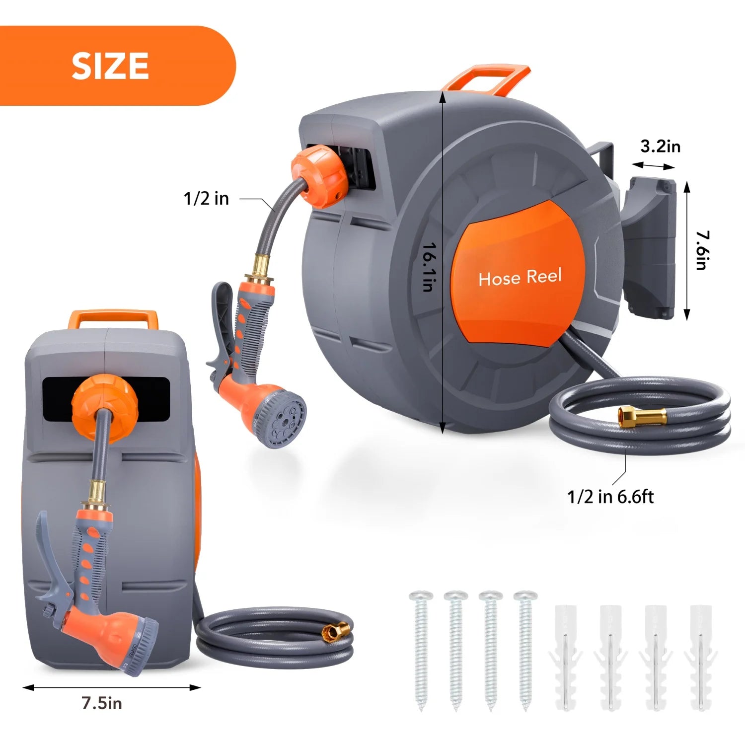 65ft/100ft Retractable Garden Hose Reel, 1/2" ID Automatic Rewind Water Hose, Wall Mounted Hose Reel with 9-Pattern Nozzle, Any Length Lock & 180° Swivel Bracket for  Yard, Car Wash, Gardening, Pet Wash, Deck