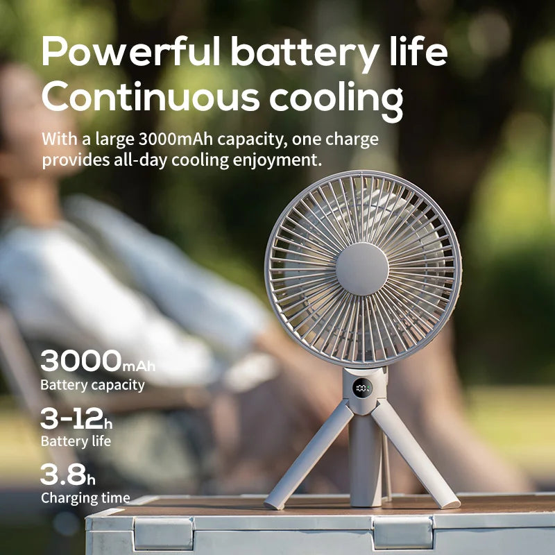 HOMEFISH Portable Handheld Rechargeable Fan LED Digital Display 180°Adjustable Rechargeable Fan 4 Speed Wind Camping Tripod Fan