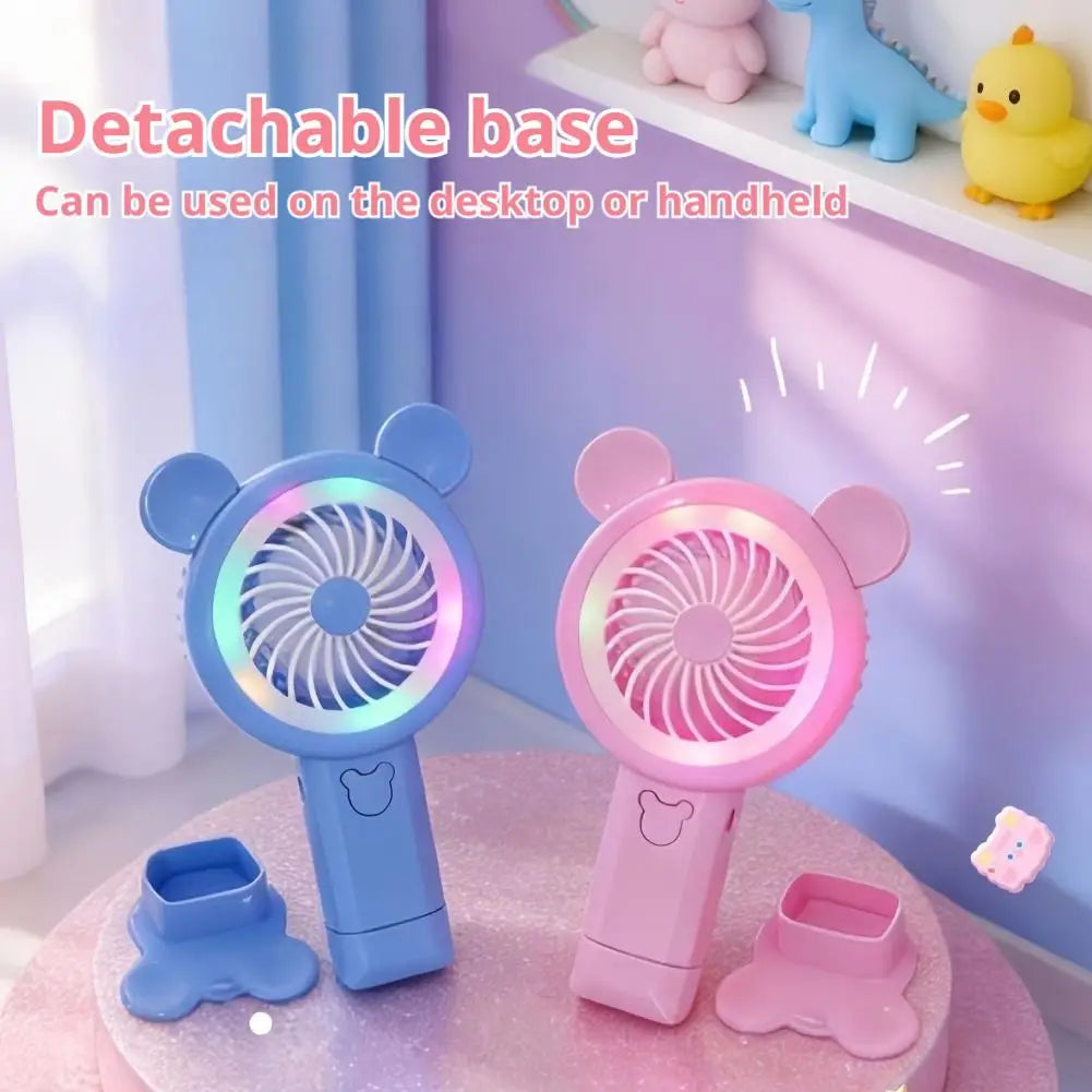 2026 New Gradient Light Handheld Mini Fan Portable Lovely Pink Cartoon Windy Fan Cute Round Ears Desktop Small Electric Fan