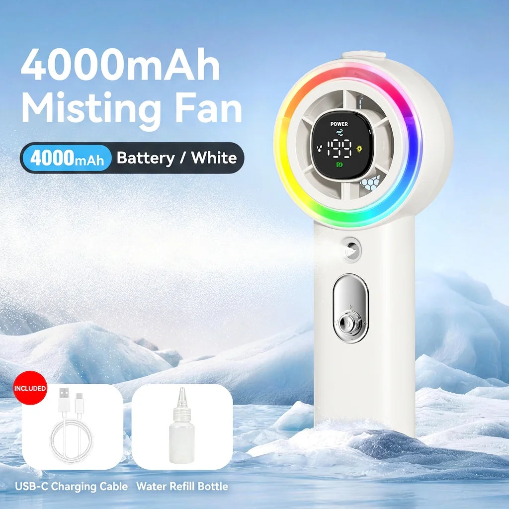 Handheld Fan with Mist Spray Cooling Portable Fan 4000mAh Battery 30ml Water Tank Personal Mini Fan for Camping Journey Travel