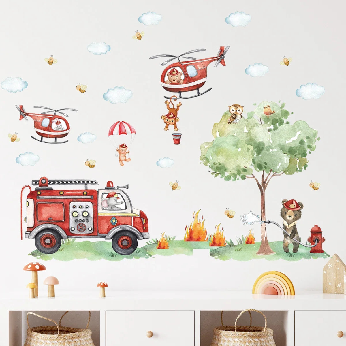 Cartoon Animal Fire Fighting Truck Children Wall Stickers for Nursery Kids Room Baby Bedroom Decoration Living Room Wall Decals