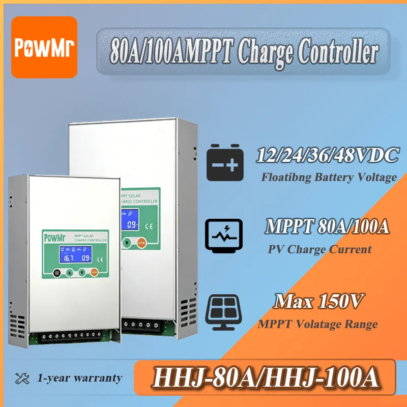 PowMr MPPT 80A/100A Solar Charge Controller Max PV 160V Auto 12V 24V 36V 48V for Lead Acid Lithium Battery Regulator Solar Home