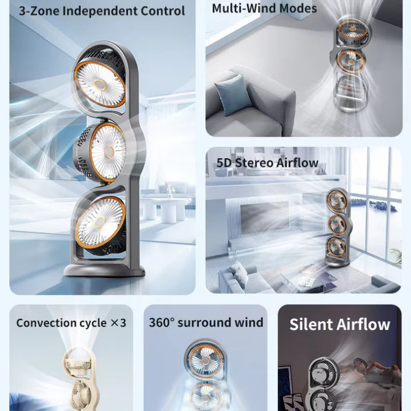 Portable USB Rechargeable 3-Head Desktop Fan, 360° Rotation Circulating Fan 5 Speed Wind for Dormitory Outdoor