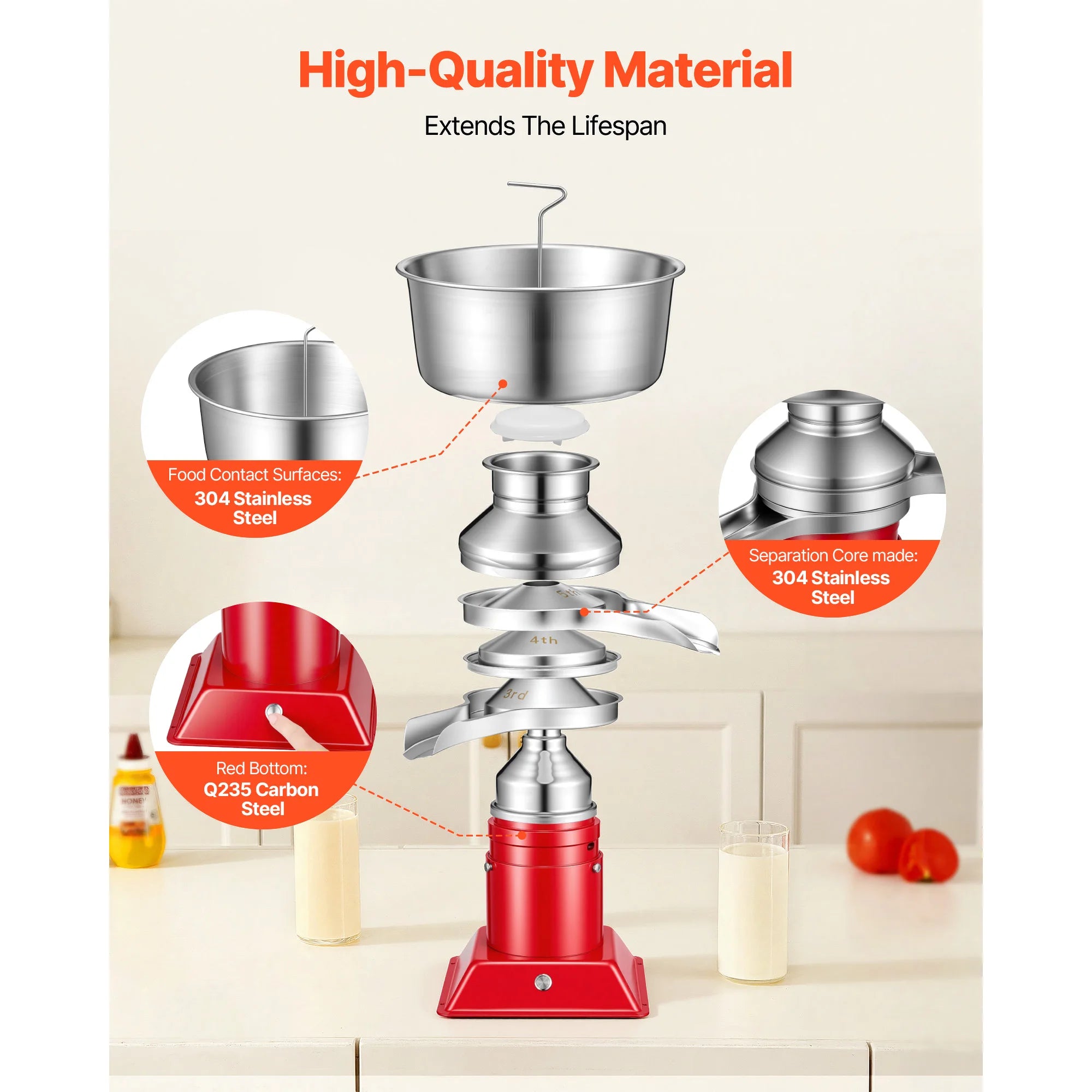 SucceBuy Electric Milk Cream Separator Output 10500RPM 304 Stainless with 4.5L Bowl Capacity Milk Skimmer Separating Machine