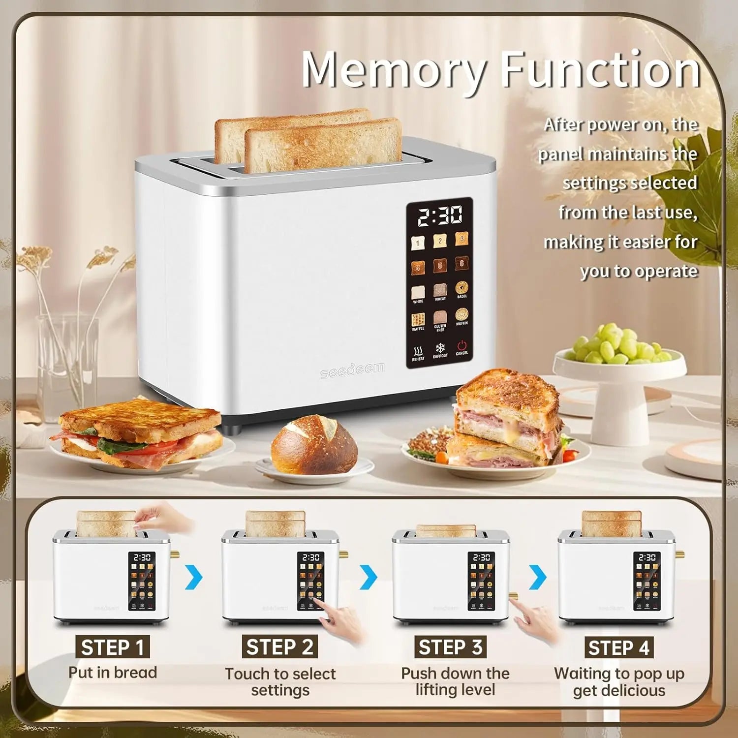Toaster 2 Slice, Touch Control Screen, Smart Stainless Toaster, 6 Shade Setting, 6 Bread Selection, Countdown, Removable Crumb Tray, 900W,Household Appliances