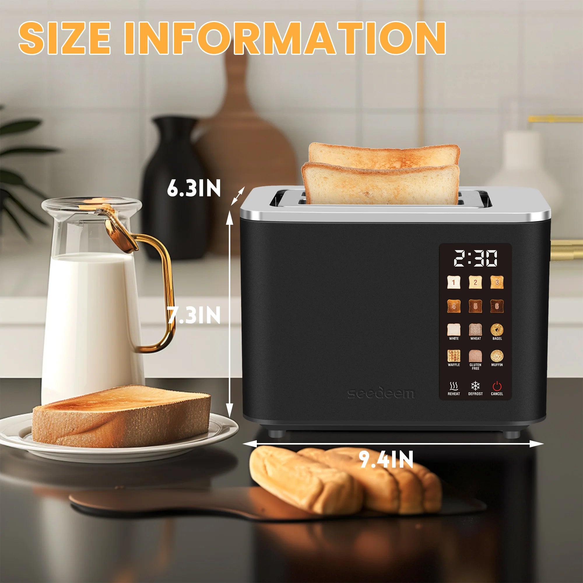 Toaster 2 Slice, Touch Control Screen, Smart Stainless Toaster, 6 Shade Setting, 6 Bread Selection, Countdown, Removable Crumb Tray, 900W,Household Appliances