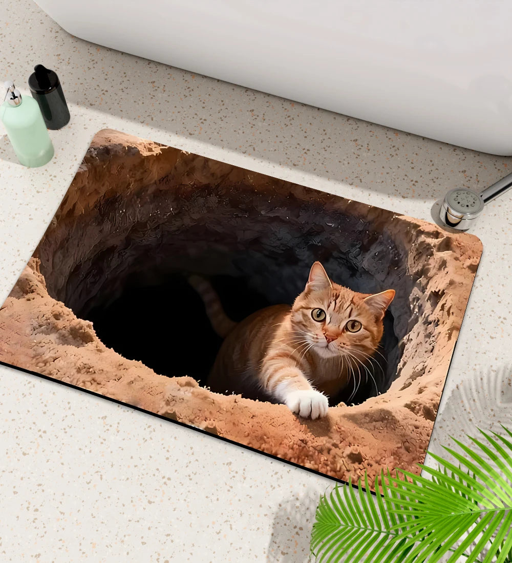 3D Optical Illusion Cute Cat Mat Welcome Mat Area Rug Non-Slip Floor Mats Stairs Rugs for Doormat