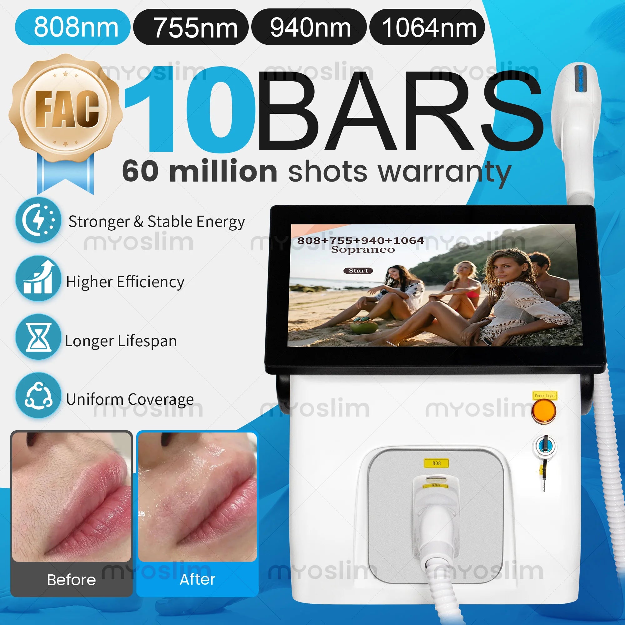 808nm Diode Hair Removal Machine 5000W 4 Wavelength FAC TEC Permanent Painless Icy Handle Skin Firming Body Care Equipment