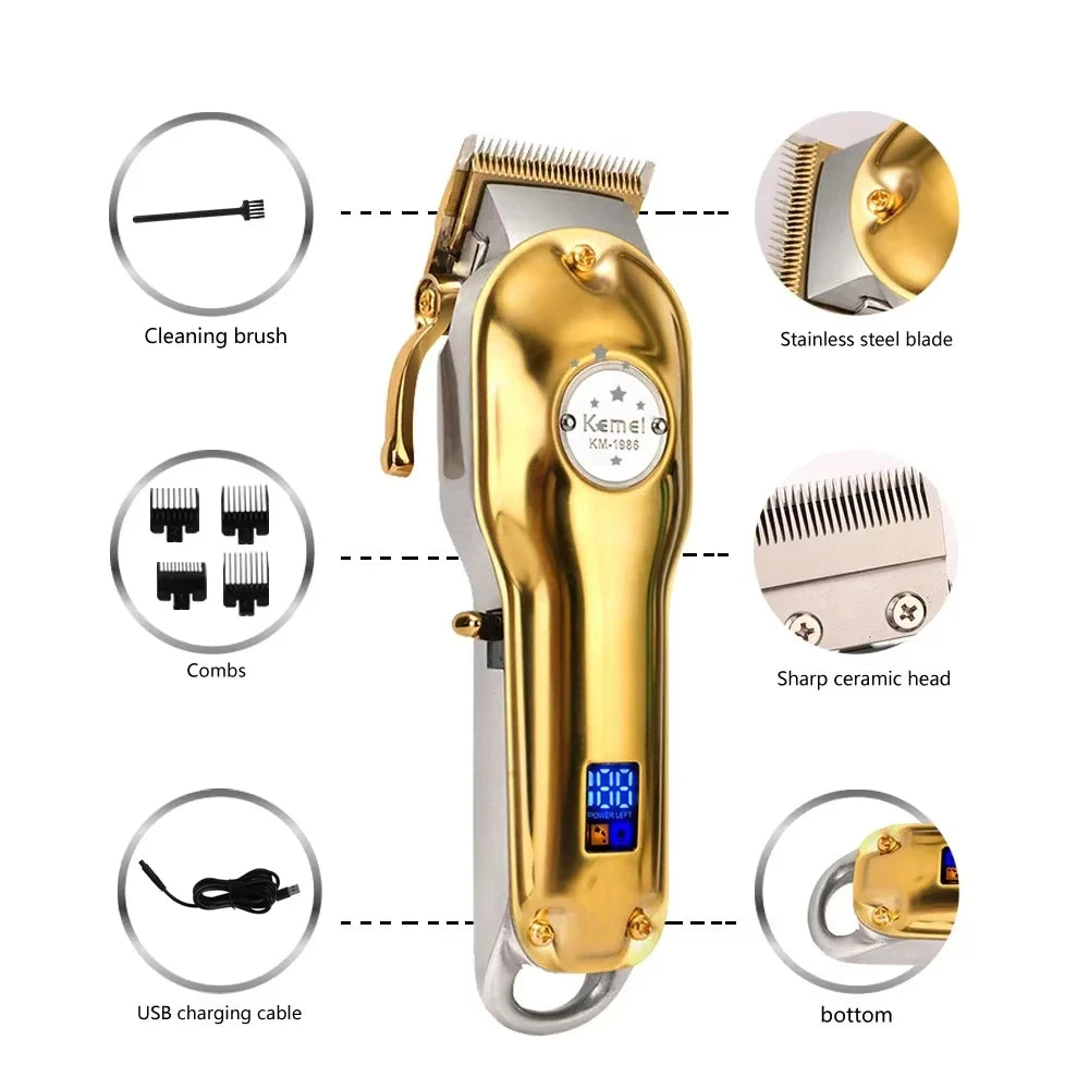 Kemei KM-1986 Gold Or Sliver Hair Trimmer For Men Trimmer Professional Clippers Electric USB Rechargeable Hair Cutting Machine