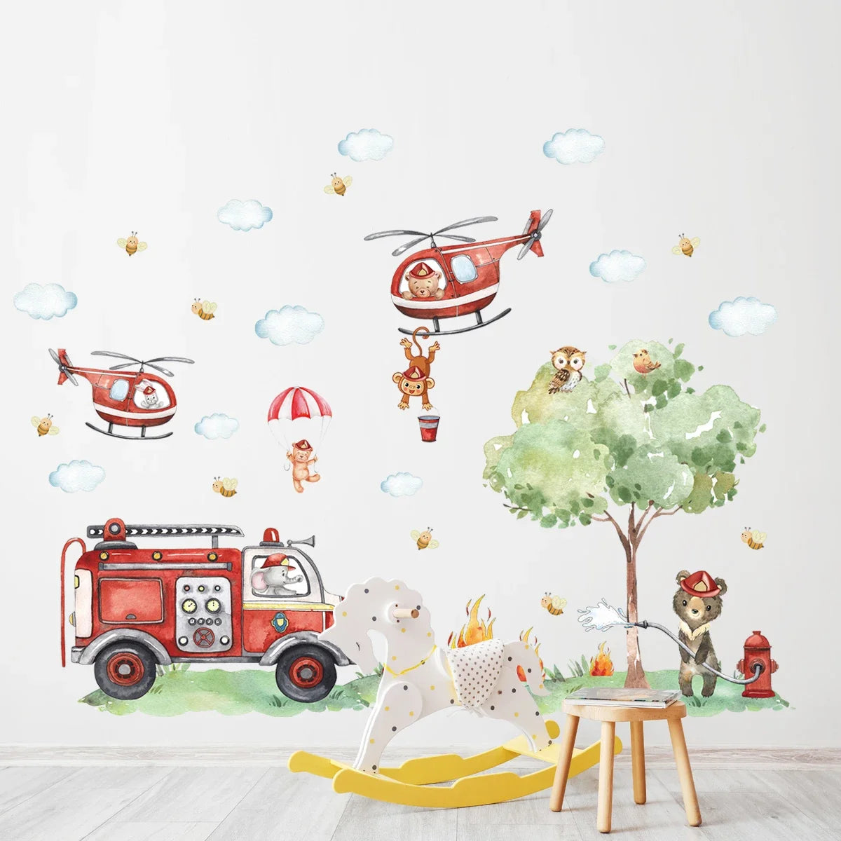 Cartoon Animal Fire Fighting Truck Children Wall Stickers for Nursery Kids Room Baby Bedroom Decoration Living Room Wall Decals