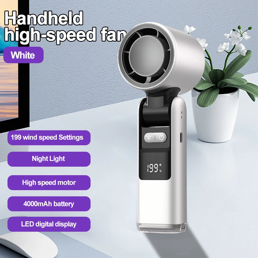 Portable Handheld fan Strong Wind 199 Gear Wind speed LED Digital Display Adjustable Turbo Portable Outdoor Handheld 4000mAh