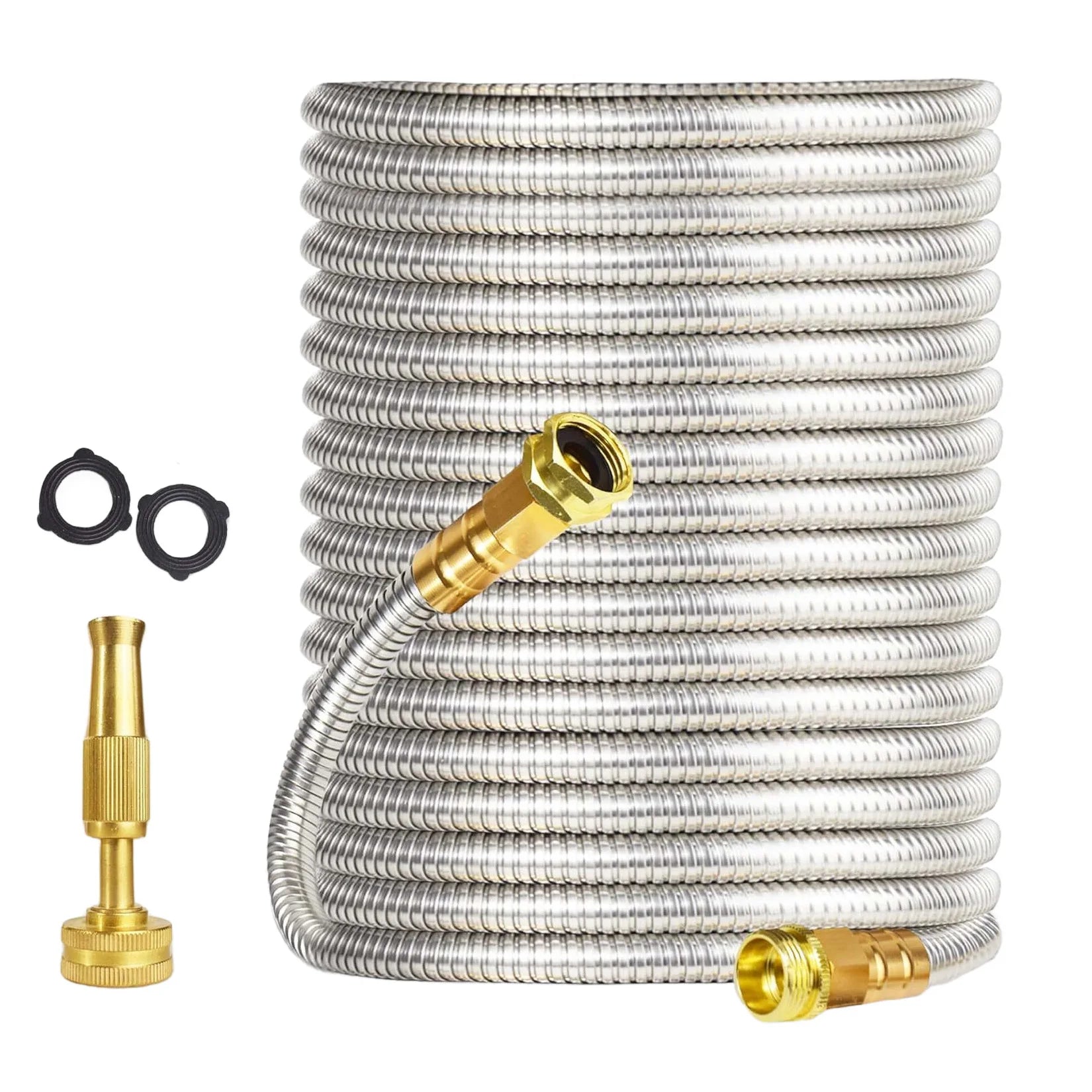 Heavy Duty Stainless Steel Garden Hose – Flexible Metal Water Hose – Kink Proof & Anti-Kink – Adjustable Brass Nozzle, Perfect for Lawn, Car Wash, Outdoor Irrigation, 25FT,50FT,75FT,100FT