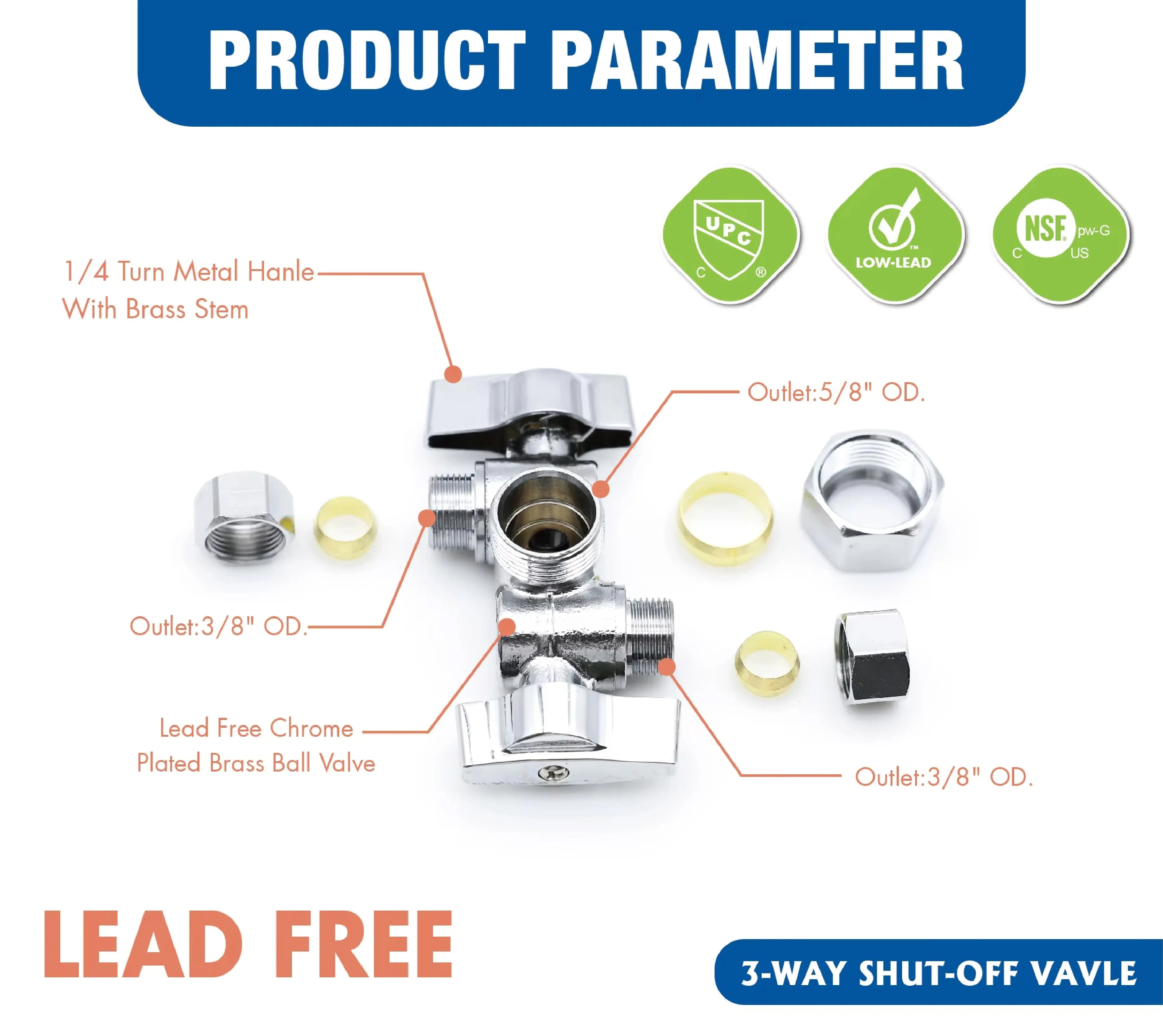 KING SMART 3/8" * 5/8" * 3/8" Comp. OD; 1/4 Turn Dual Handle Compression Stop Valve; 2Pcs/Case; 80407
