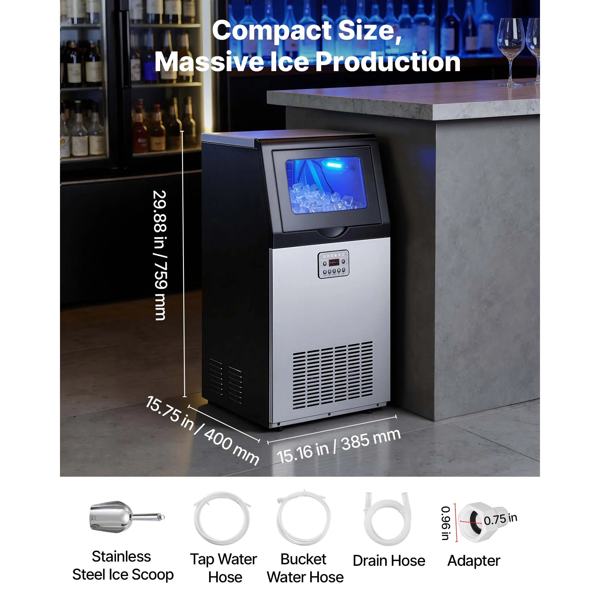 SucceBuy Commercial Ice Maker Machine 120/150 lbs/24h with 30 lbs Storage Capacity Built-in/Freestanding/Under Counter for Home