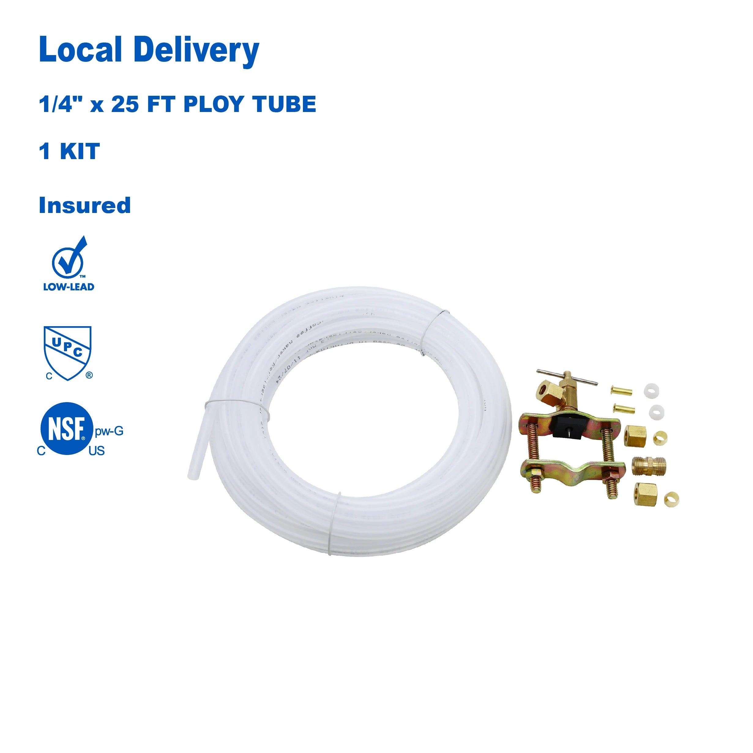KING SMART Ice Maker Water Line Kit 1/4” x 25 ft PE Tubing, Self-Piercing Saddle Valve, Compression Fittings and Adapters; 81311