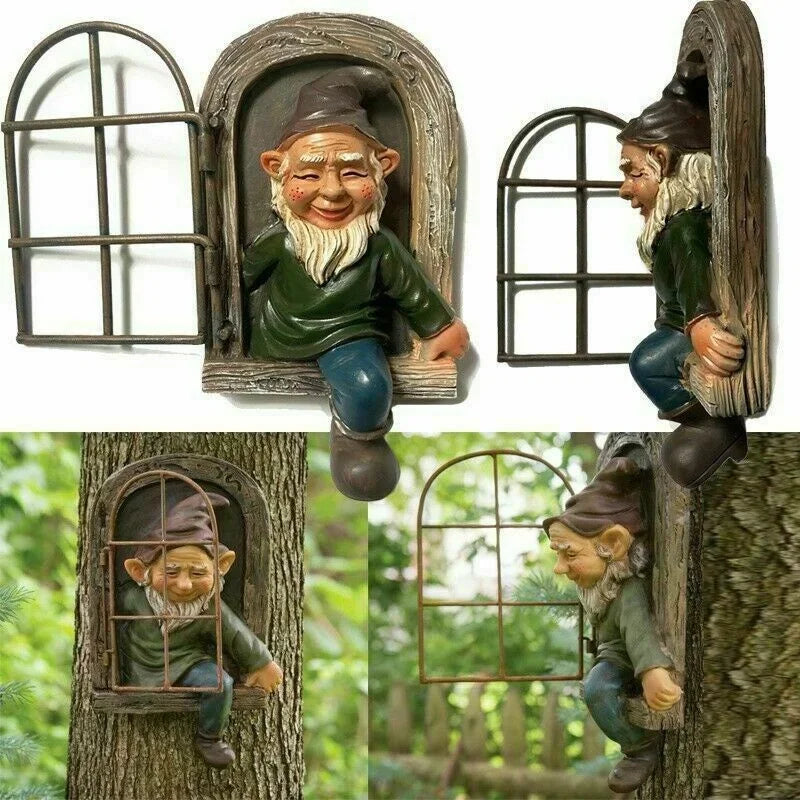 Naughty Garden Statue Elf Go Out Tree Hug Gnome Statue Elf Out The Door Window Tree Hugger Home Yard Tree Decor