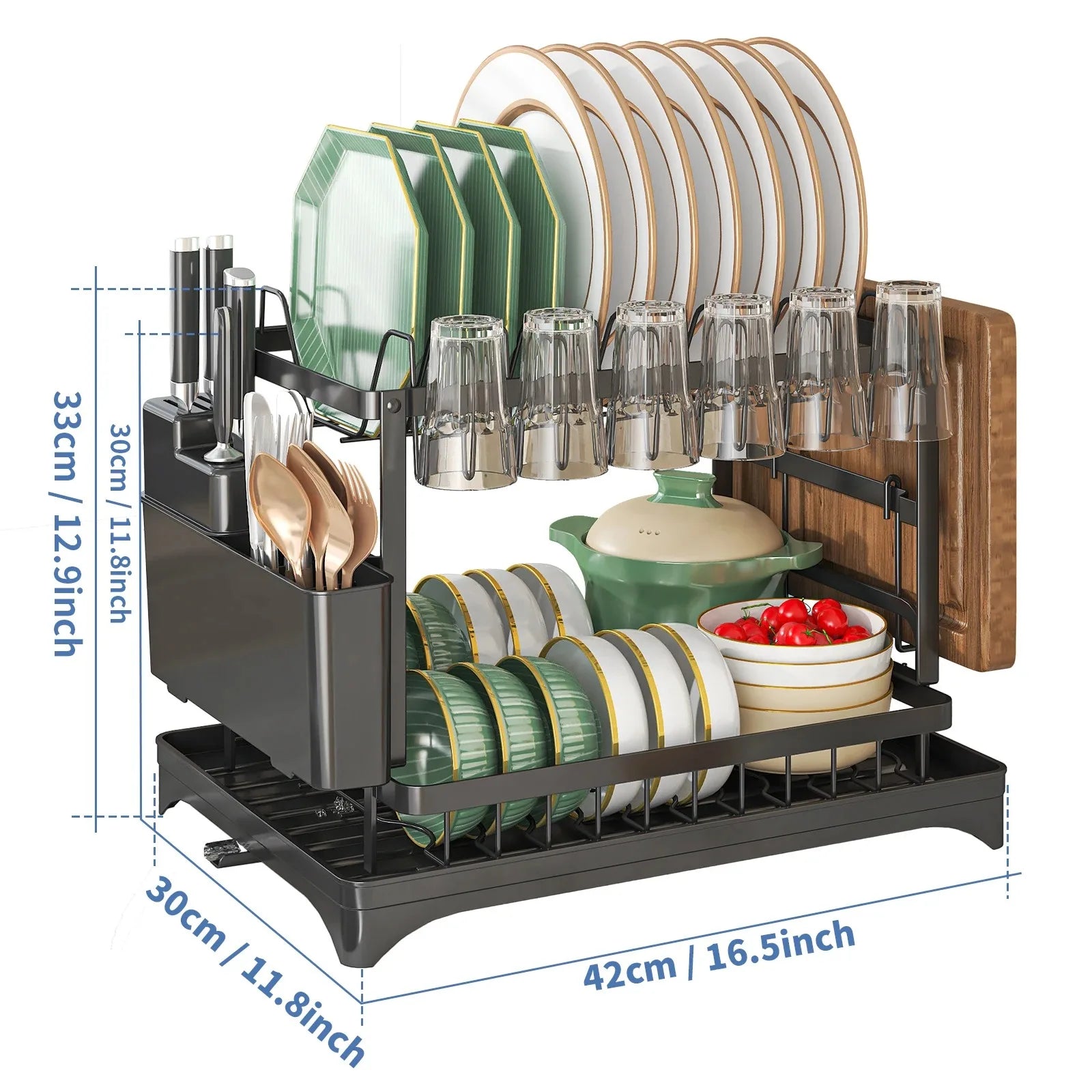 2 Tier Dish Drying Rack Kitchen Bowl Drainer Storage Rack Tableware Drain Chopsticks Knife Fork Water Cup Storage Holder 2 Tier
