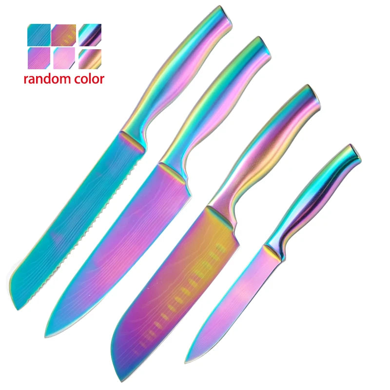 BAFENGS Rainbow Knife Set, Laser Printed Damascus Pattern, Stainless Knives, Chef Bread Santoku Utility Knife, Kitchen Scissors