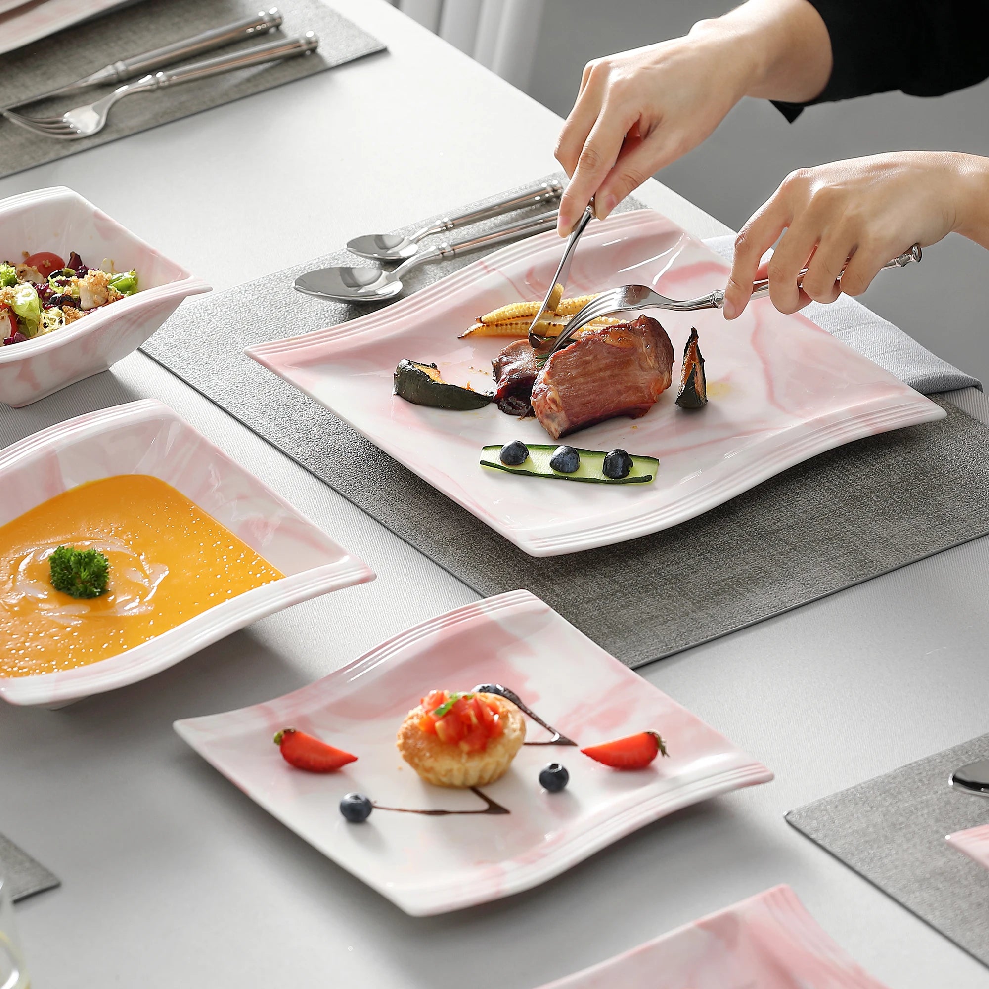 MALACASA FLORA 26-PIECE Nordic European Marble Pink Porcelain Tableware Set with Bowl,Dinner Plate,Dessert&Soup Plate Set for 6