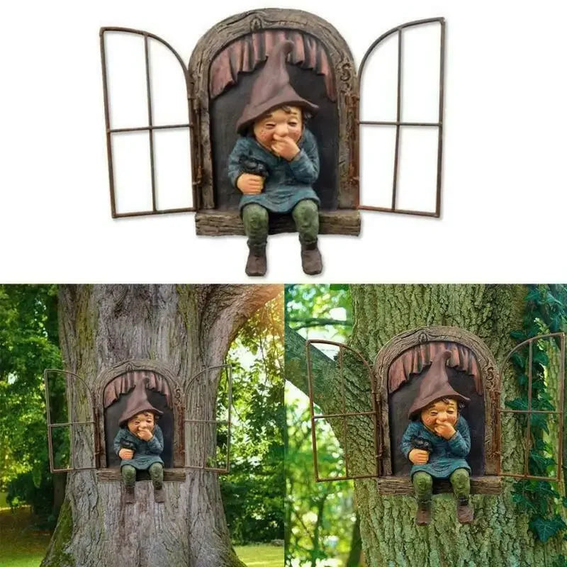 Naughty Garden Statue Elf Go Out Tree Hug Gnome Statue Elf Out The Door Window Tree Hugger Home Yard Tree Decor