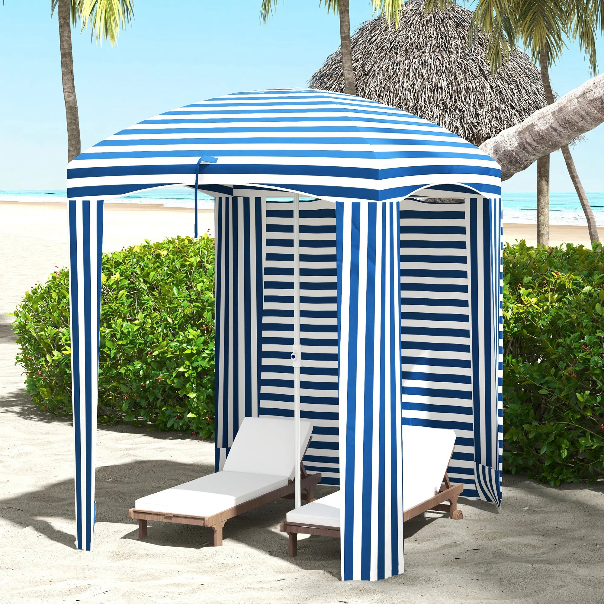 Beach Cabana Umbrella with Bag, Windows, Blue White