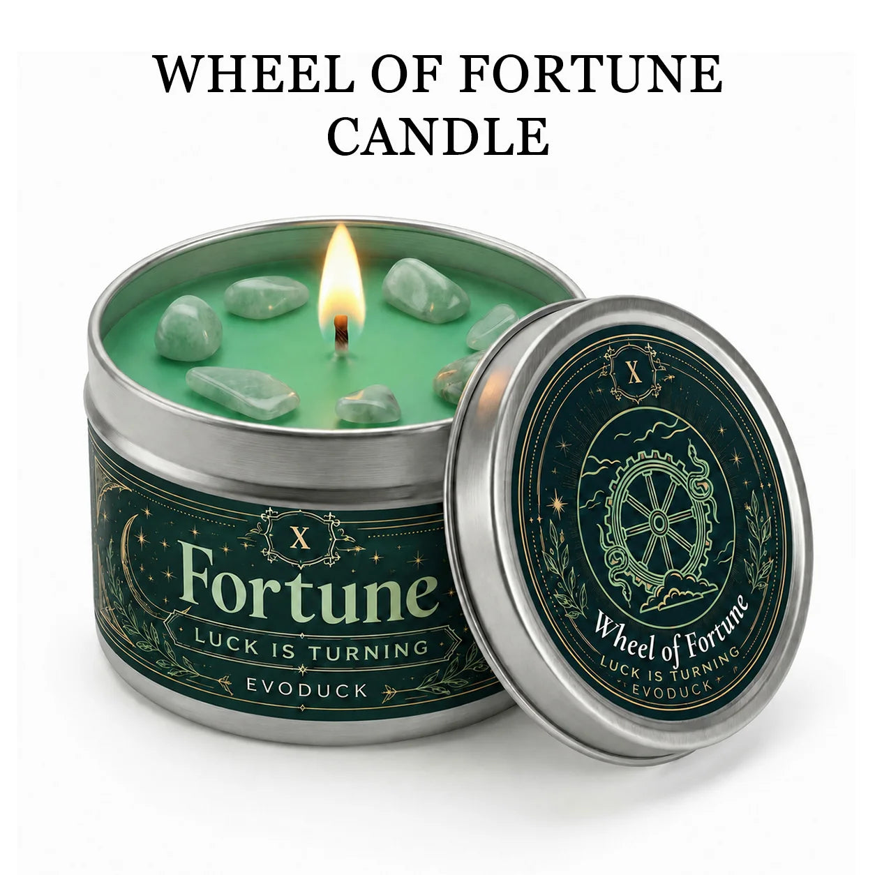 EVODUCK Wheel of Fortune Tarot Candle with Green Crystal Stones, Green Wax Scented Silver Tin Candle, Luck Is Turning Spiritual Ritual Candle for Meditation, Abundance Prosperity, Witchy Altar Decor, New Year Birthday Christm