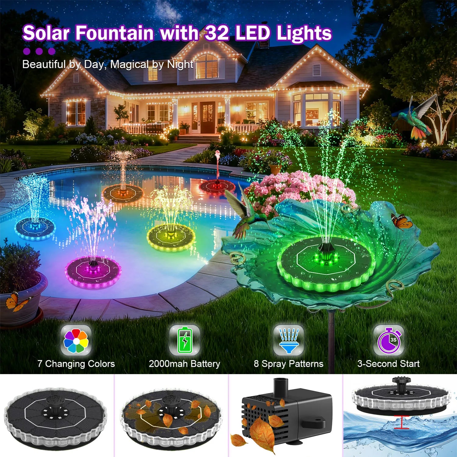 3.5W Solar Fountain for Bird Bath 3D Color LED, Anti-Drift Fixer, 8 Nozzles, Solar Pump Kit for Garden Patio Pond