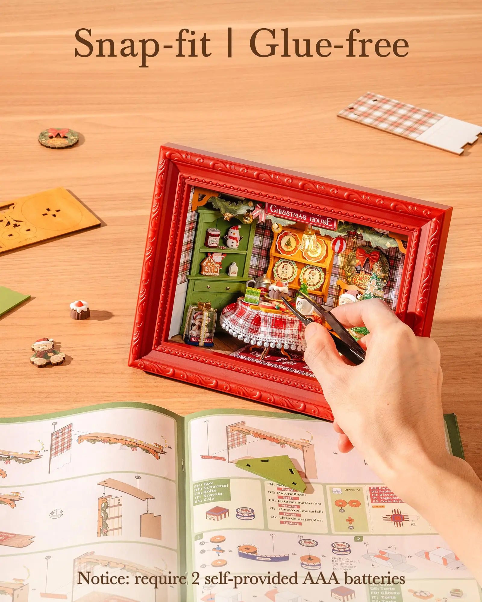 Rolife Christmas Eve Party 3D LED Diorama Snap Together Wooden Puzzle Kit for Wall Tabletop Festive Home Decor Gift for Adults