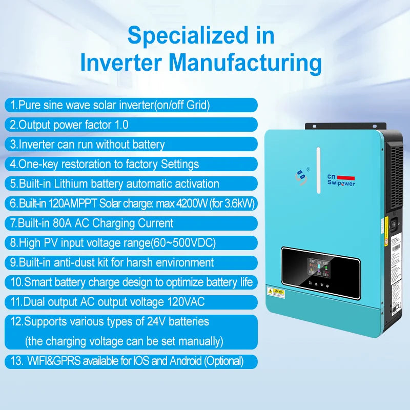 CNswipower 4000VA Solar Inverter Charger 24VDC to 120VAC 50HZ/60HZ Hybrid Inverter with 120A MPPT Technology LCD Display 3600W