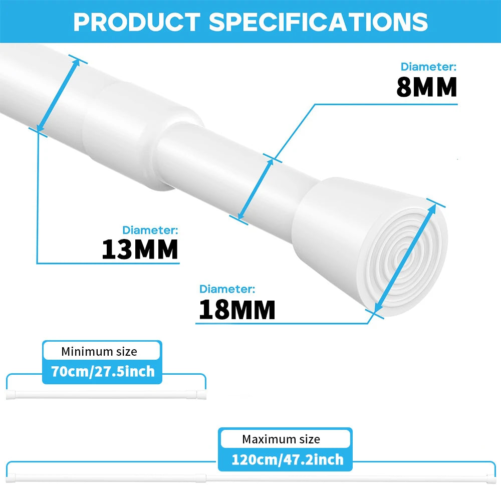 Spring Tension Curtain Rods Durable Adjustable Length Hanging Extendable Telescopic Poles for Bathroom Kitchen Cupboard No Drill