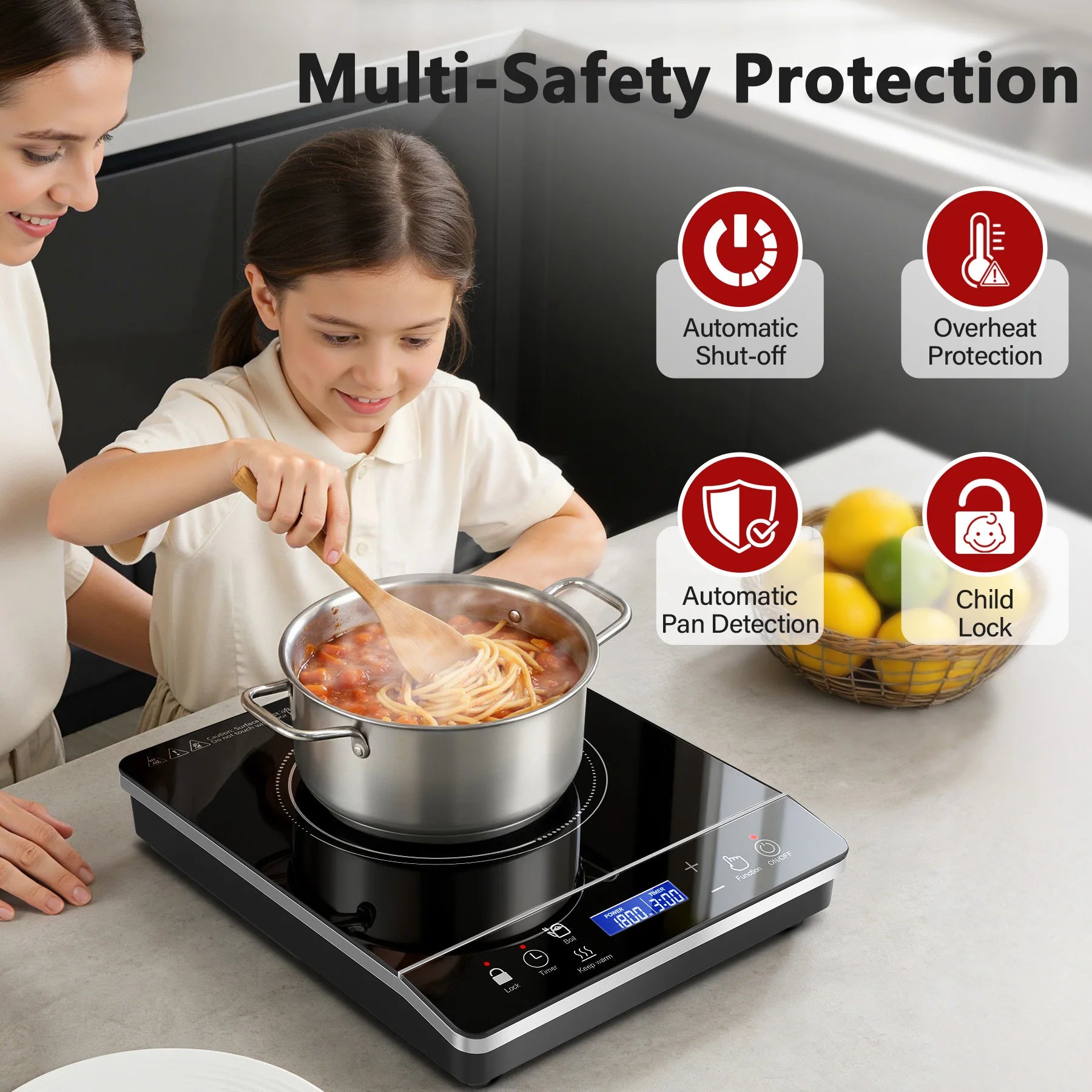Portable Induction Cooktop 1800W, 20 Modes, 3H Timer, Touch Control, Child Lock, Auto Shut-off, ETL Certified