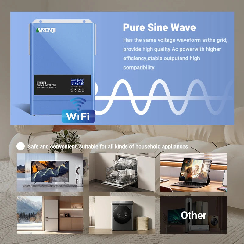 ANENJI 6.2KW 48V hybrid solar inverter output voltage 220V-240V PV 500VDC pure sine wave inverter 120A MPPT solar charging controller, built-in WiFi EU voltage
